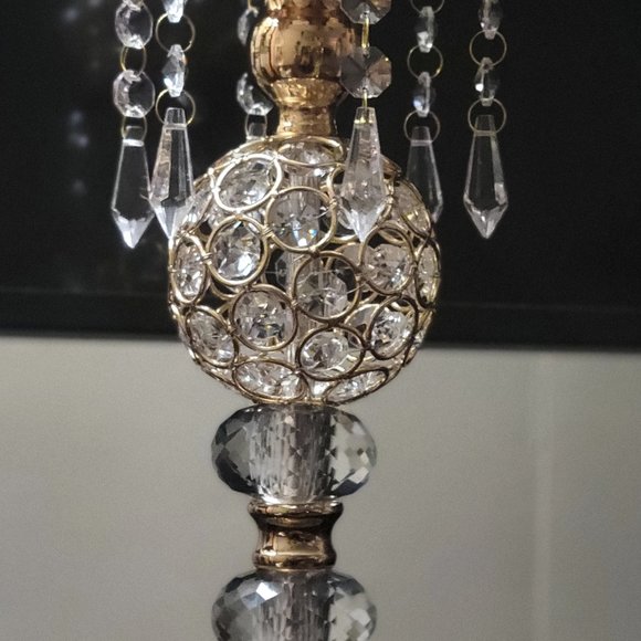 Set of Two 14" Tall Golden Gold Crystal Candlesticks Holders for Home Decor - Picture 8 of 8